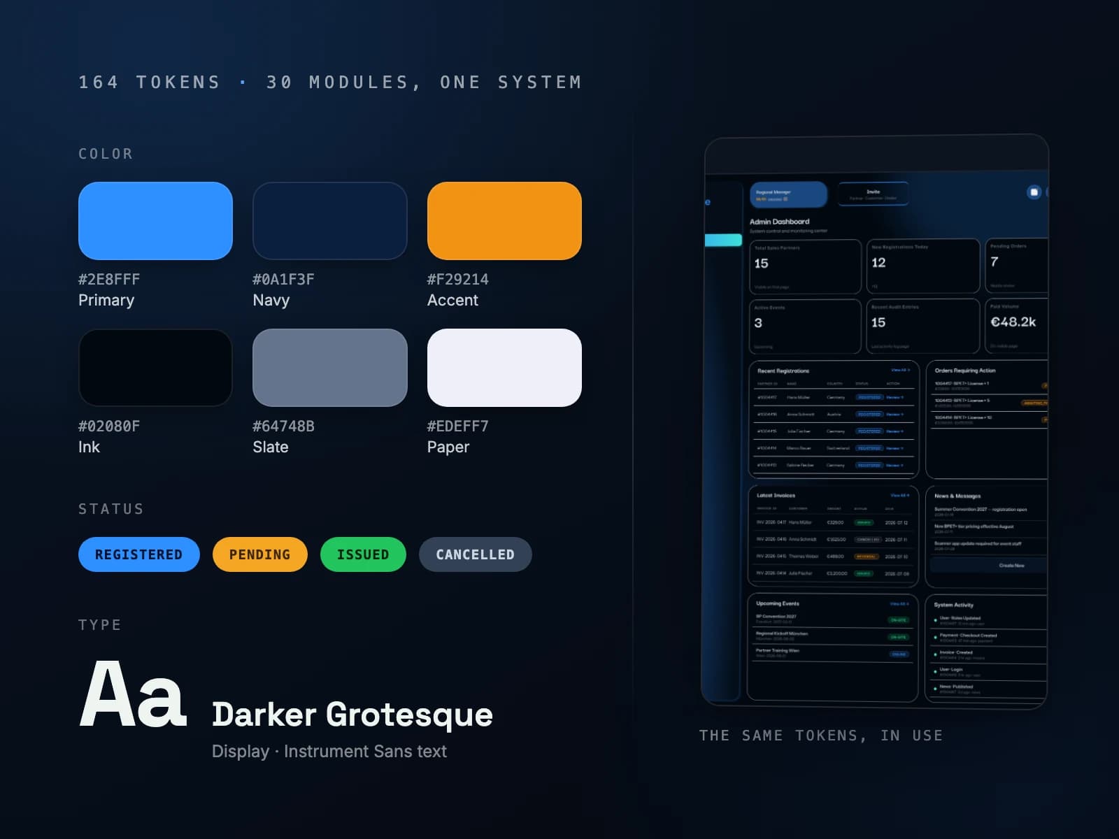 BestPrime token specimen — colours, status badges and type beside the admin dashboard