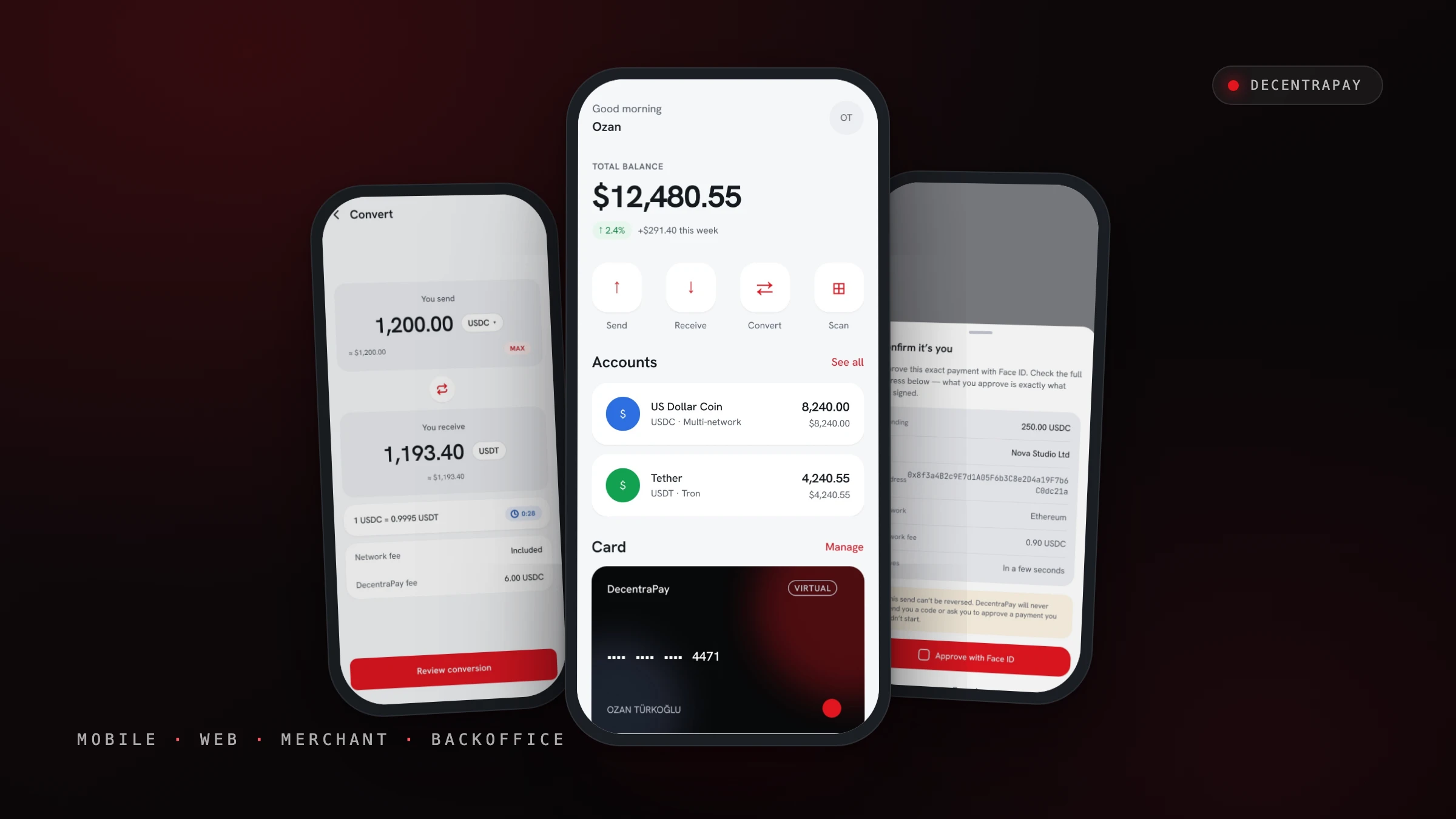 DecentraPay — consumer app home, convert and step-up screens staged as a hero scene