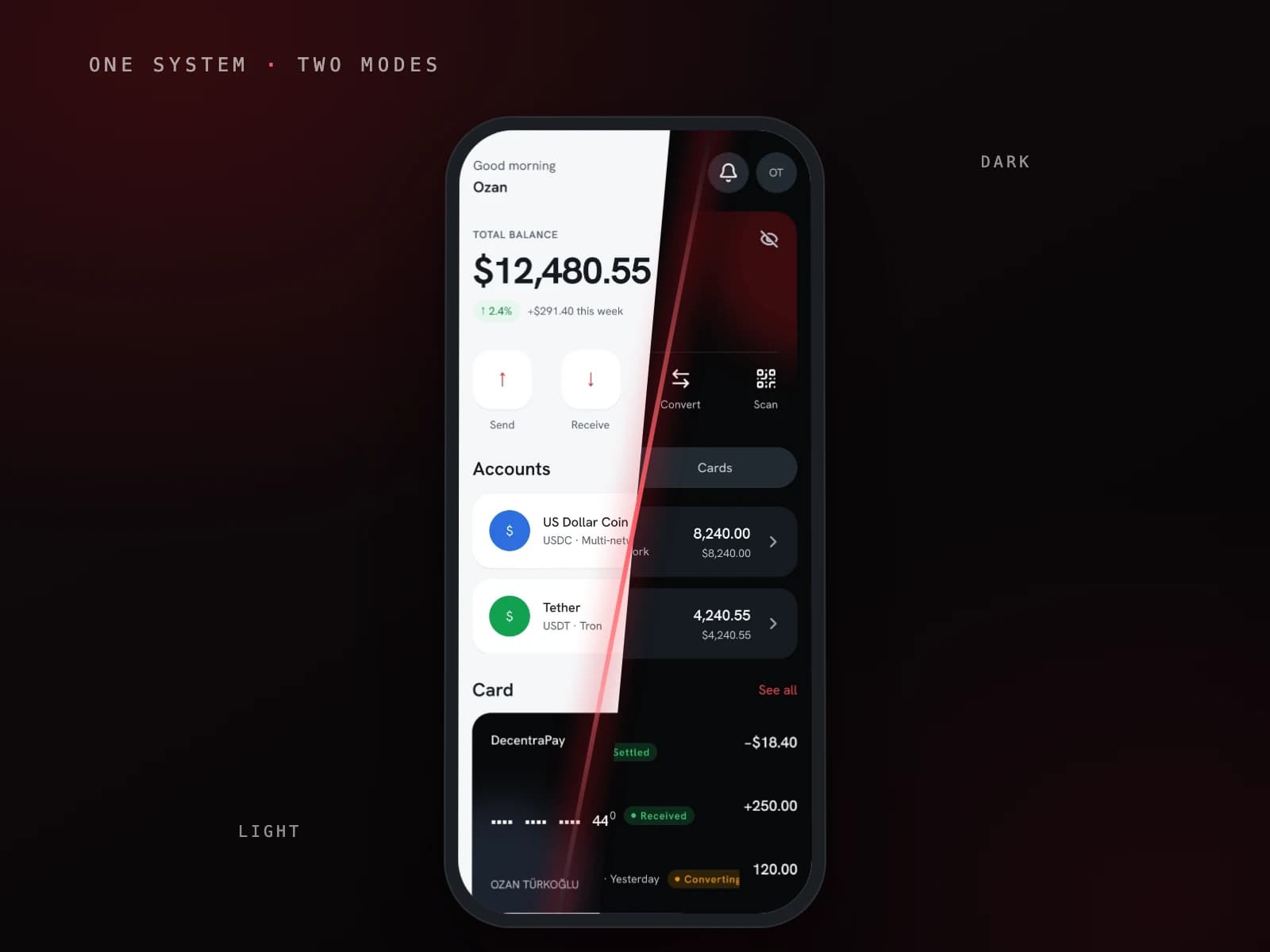 A single DecentraPay phone split diagonally between light and dark themes