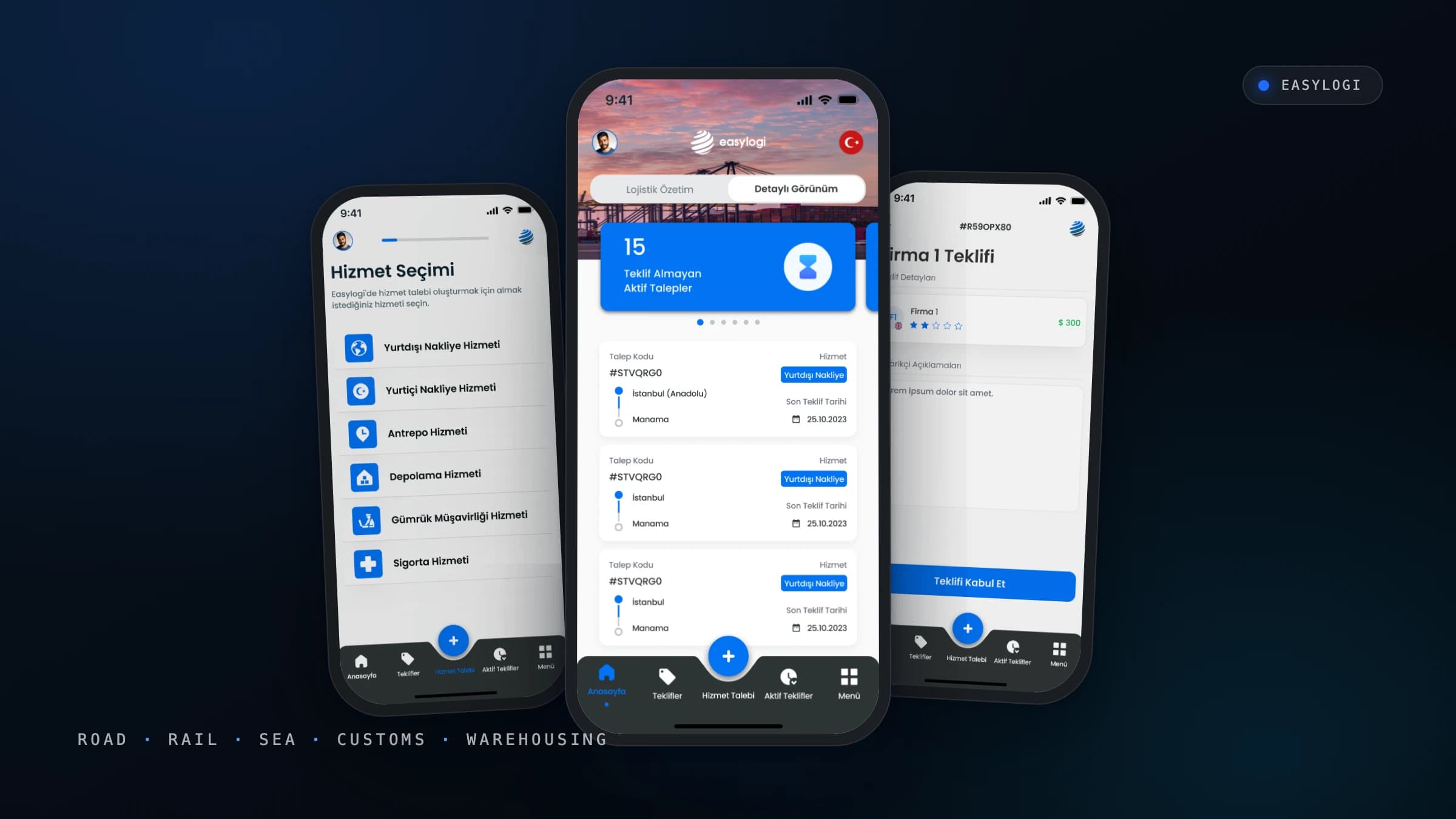 EasyLogi — service selection, dashboard and offers screens staged as a hero scene