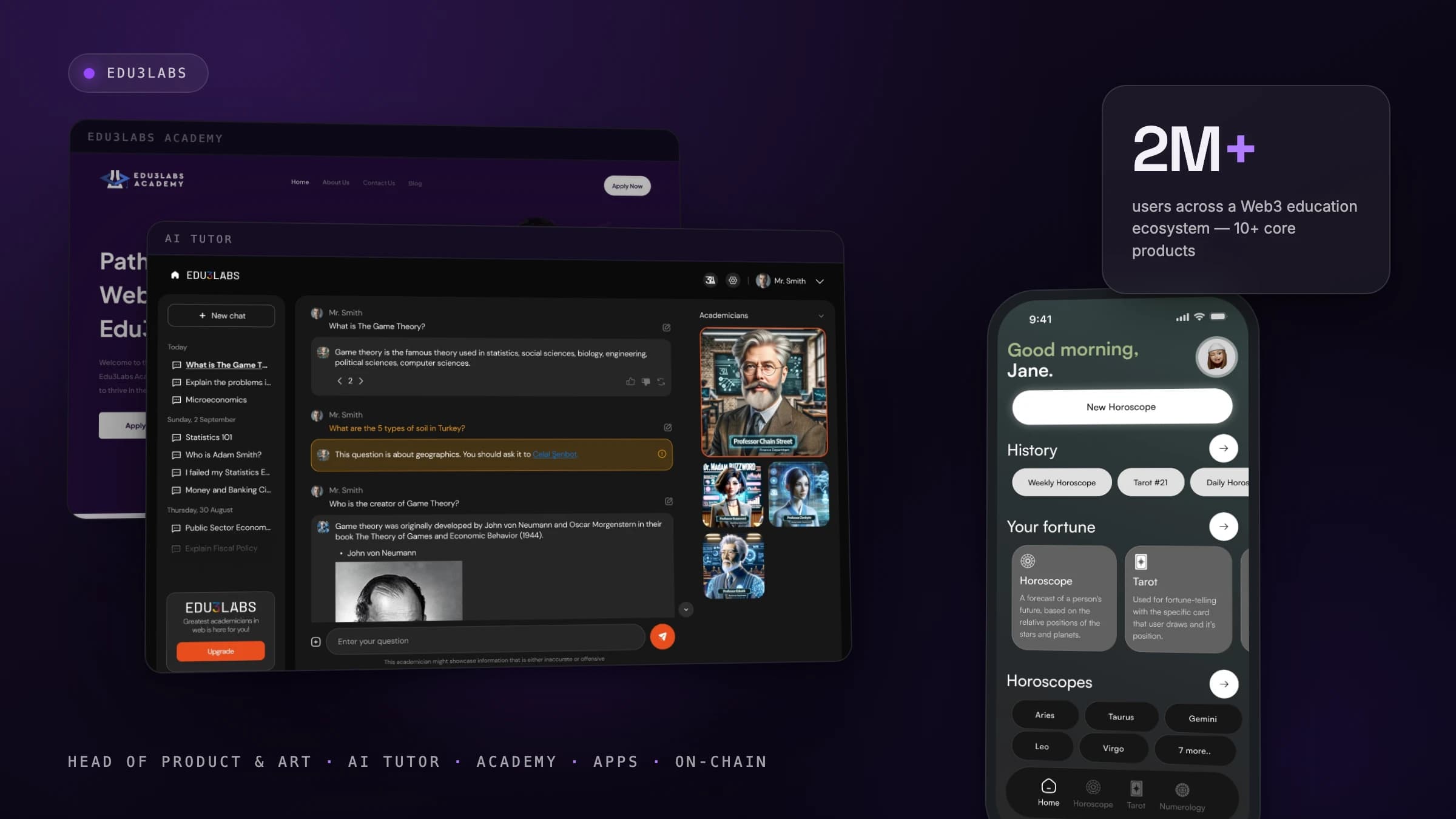 Edu3Labs — the academy, AI tutor and consumer app staged as a hero scene