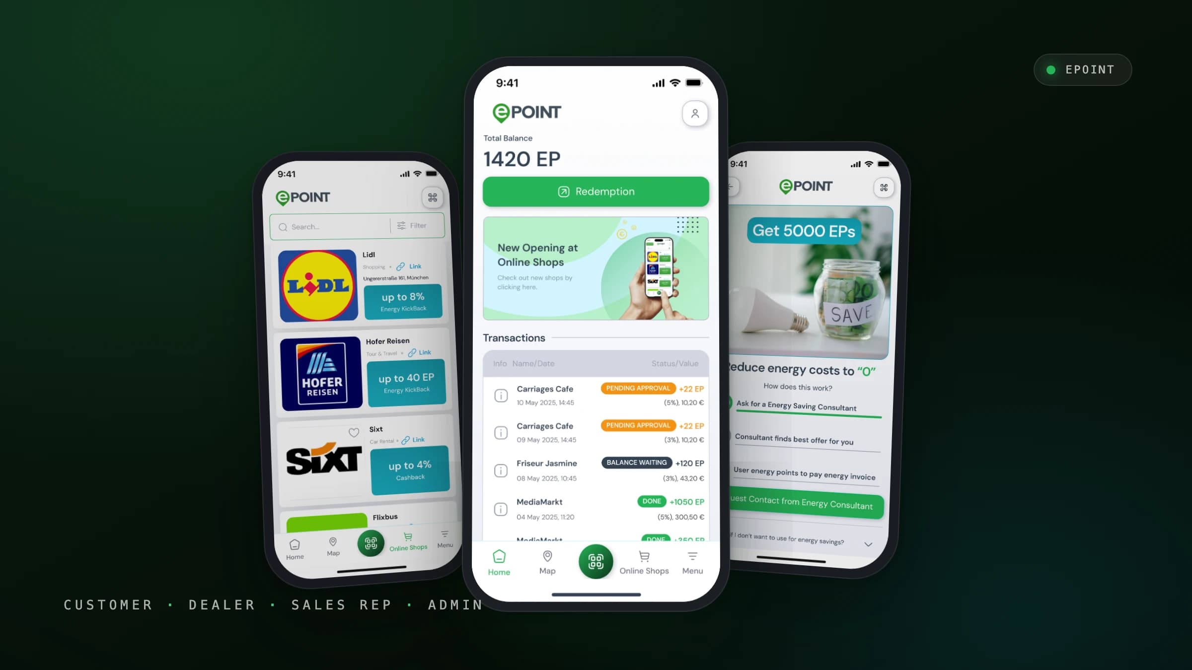 ePOINT — customer app home, redemption and energy-saving screens staged as a hero scene