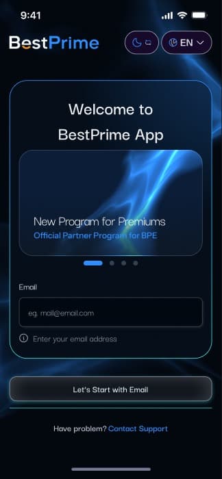 BestPrime dark onboarding screen
