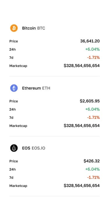 Mobile market table in dark theme