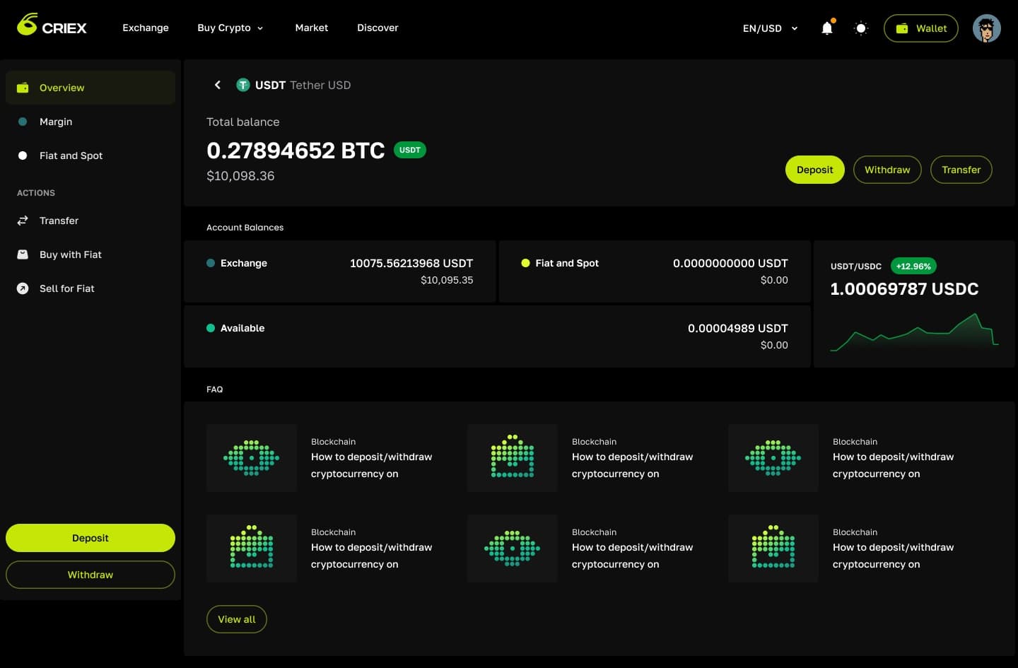 Wallet asset balances module in dark theme