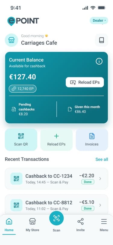 Dealer home screen, teal balance card with quick actions
