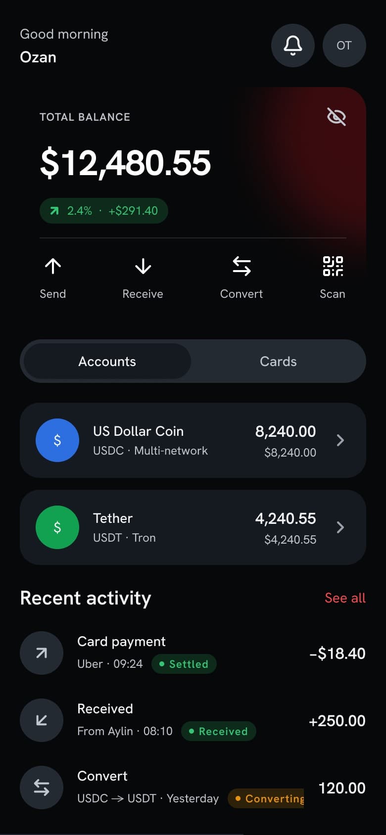 DecentraPay mobile home screen in dark mode