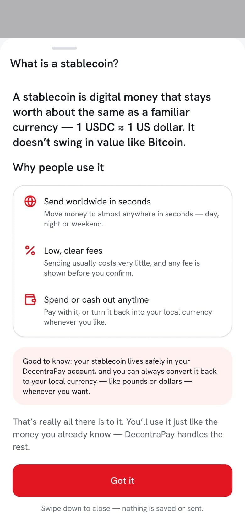 Novice explainer screen defining what a stablecoin is