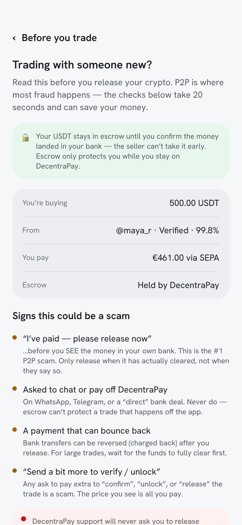 Before you trade screen listing P2P scam signals and escrow limits