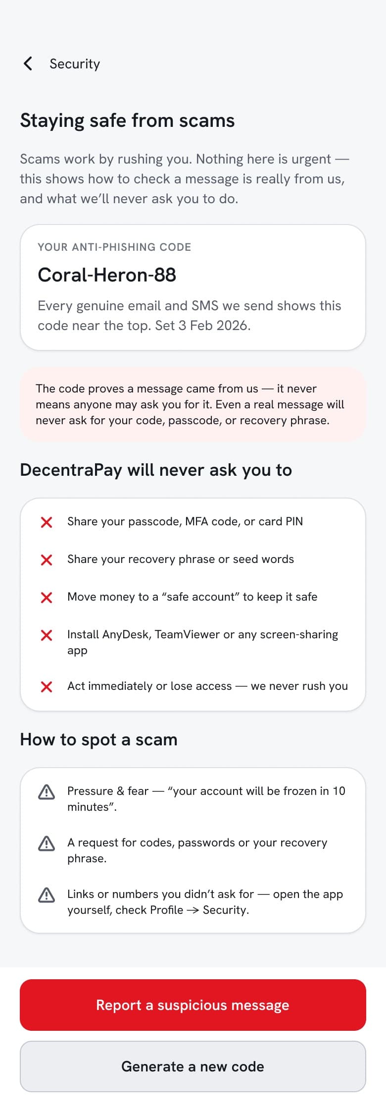 Anti-phishing hub screen with a personal anti-phishing code and never-ask list
