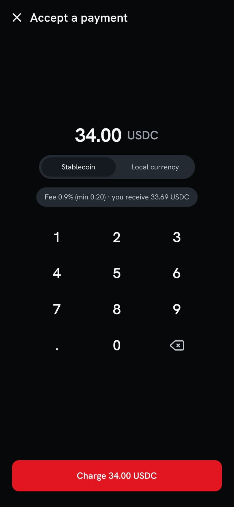 Merchant point-of-sale charge amount screen in dark mode
