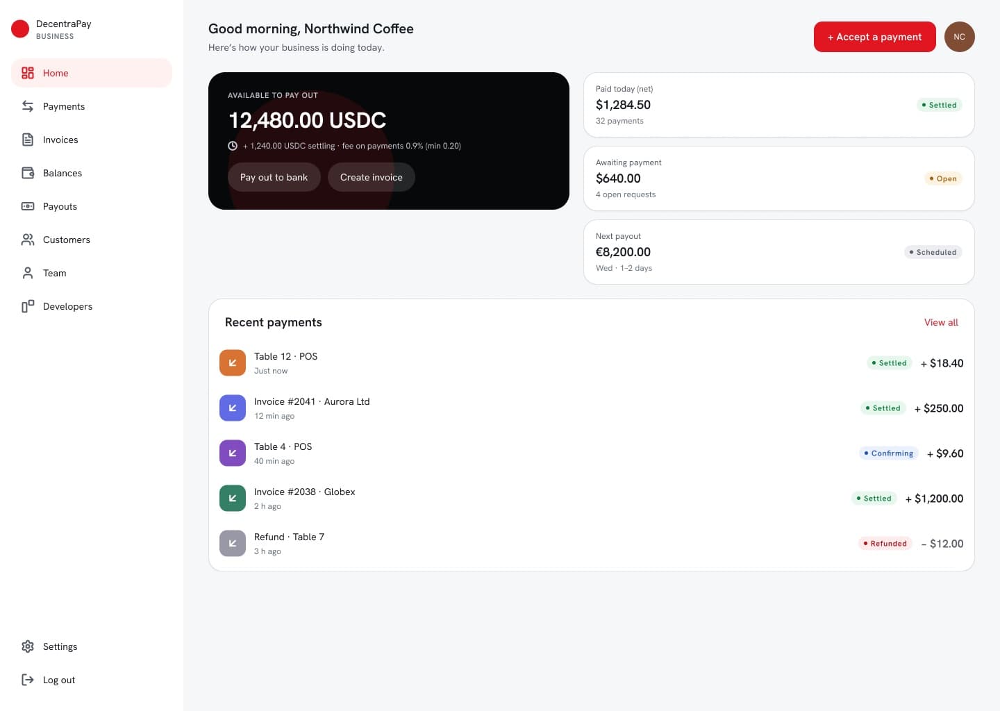 DecentraPay merchant dashboard