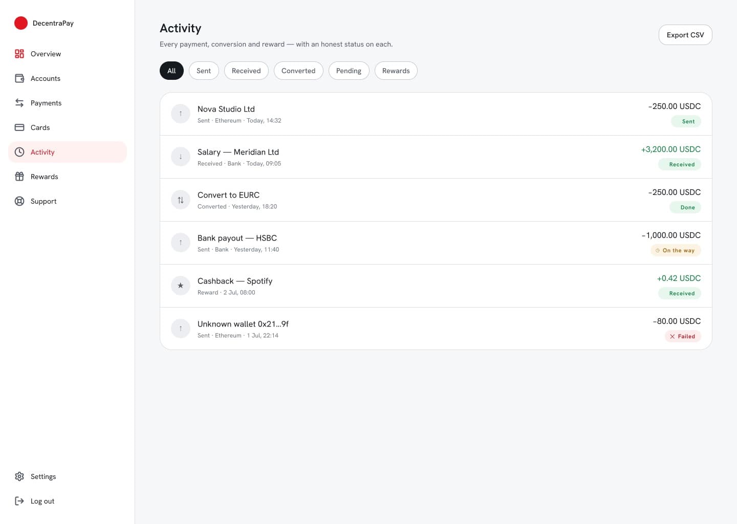 DecentraPay web transactions list with status pills