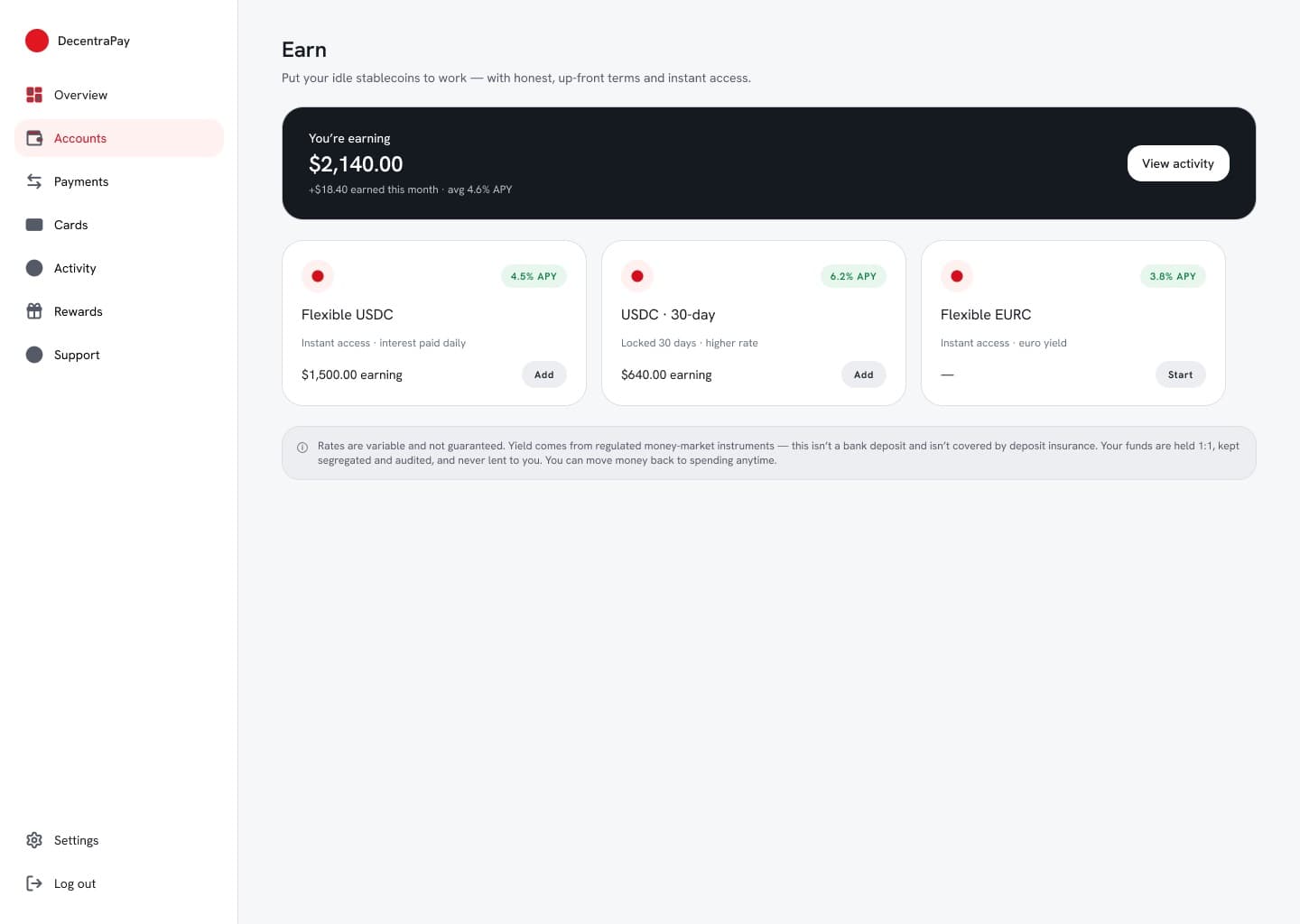 DecentraPay web Earn overview with products and risk disclosure
