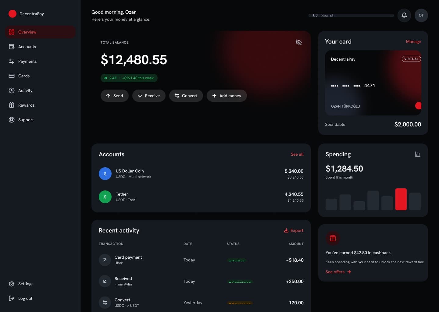DecentraPay web overview dashboard in dark mode