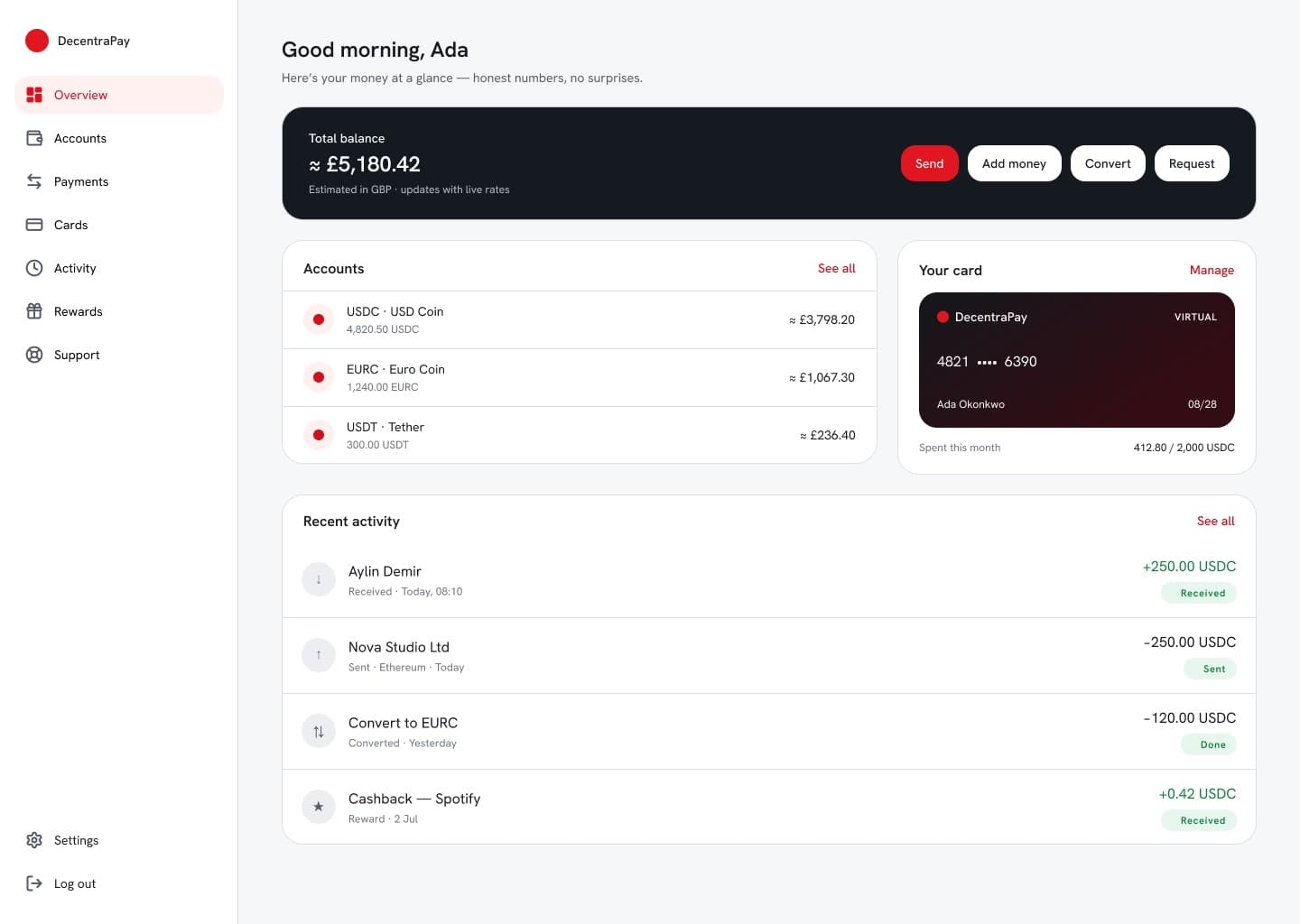 DecentraPay web overview dashboard with balance, accounts, card and recent activity