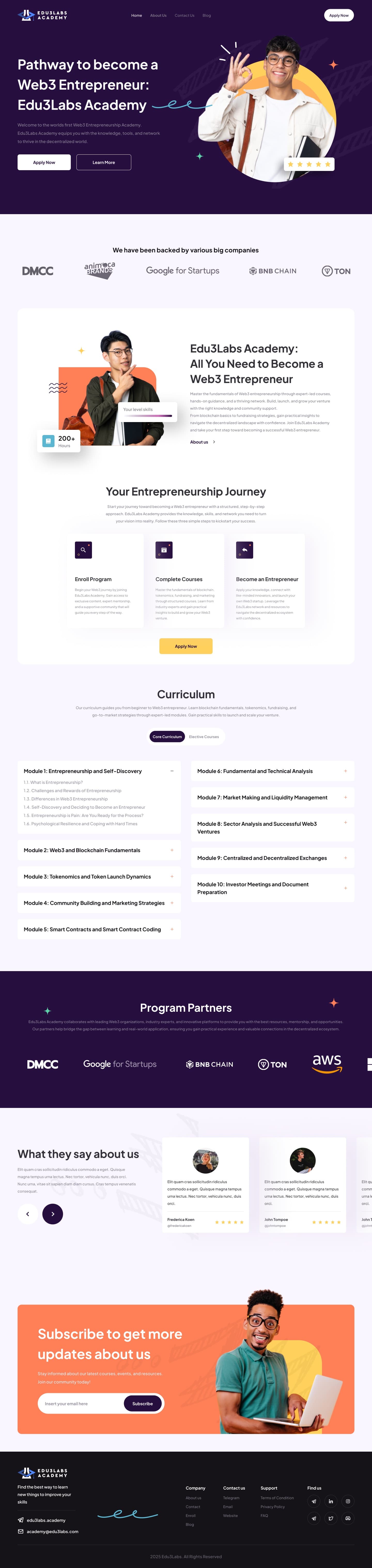 Edu3Labs Academy marketing landing page with curriculum and testimonials