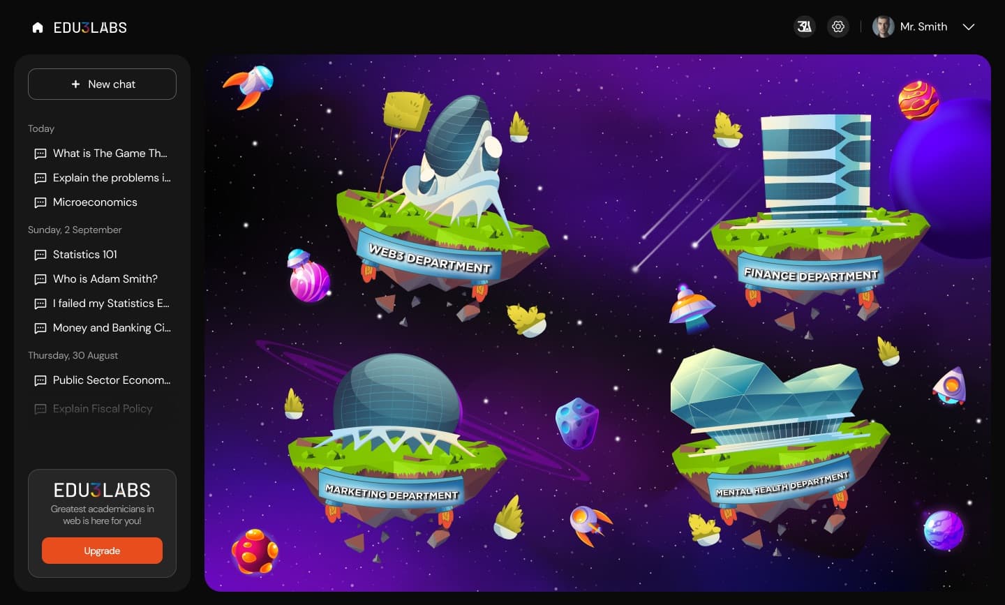 Edu3Labs AI department-select screen as a floating-island campus map