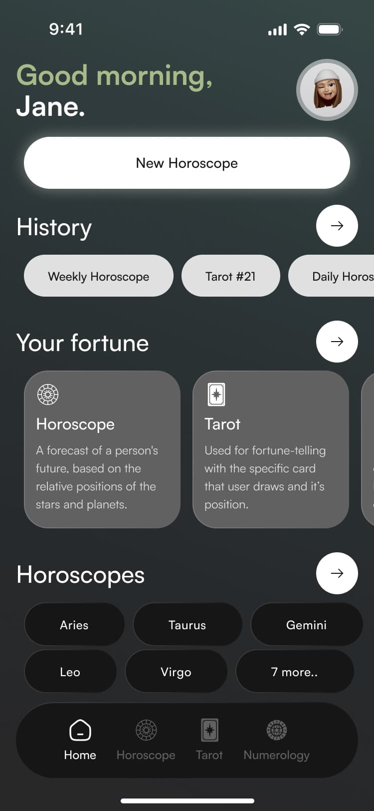 AstroFi home screen with horoscope, tarot and numerology