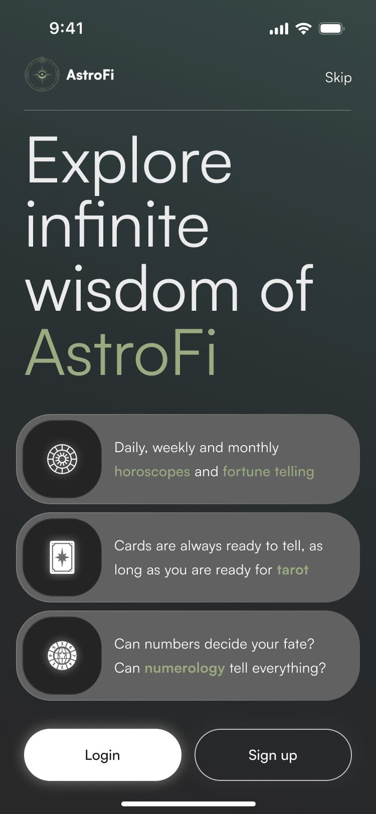 AstroFi onboarding screen