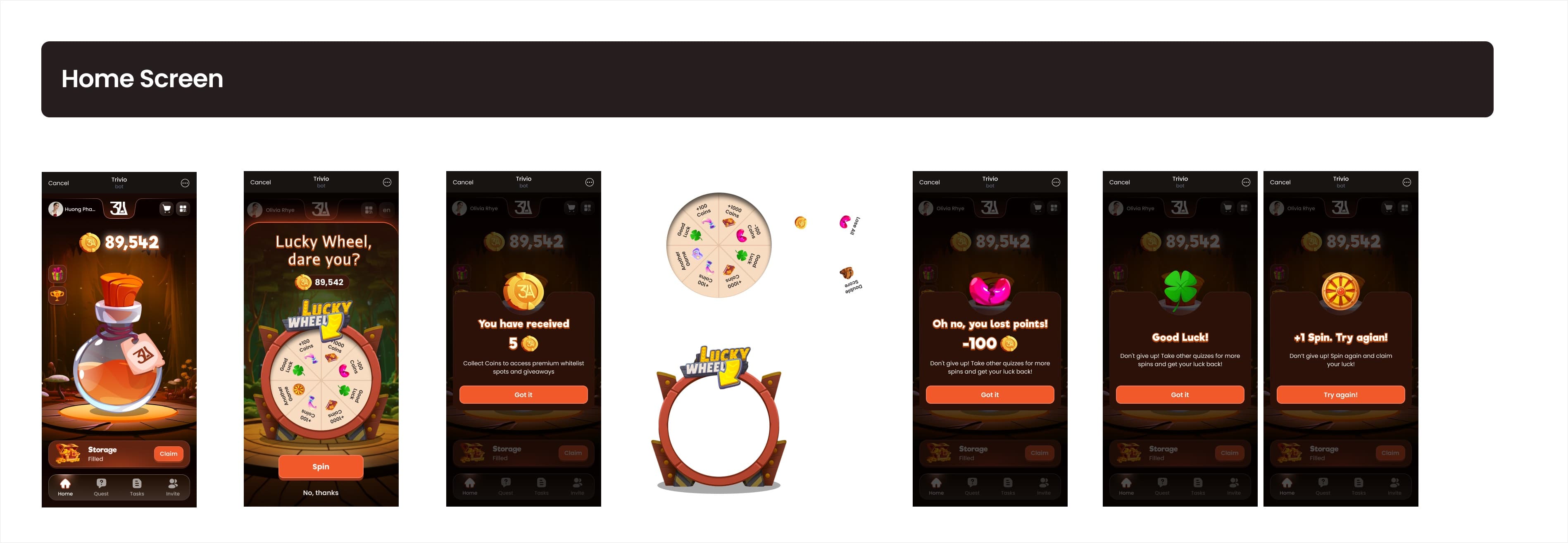 Trivio quiz mini-app home and Lucky Wheel reward states