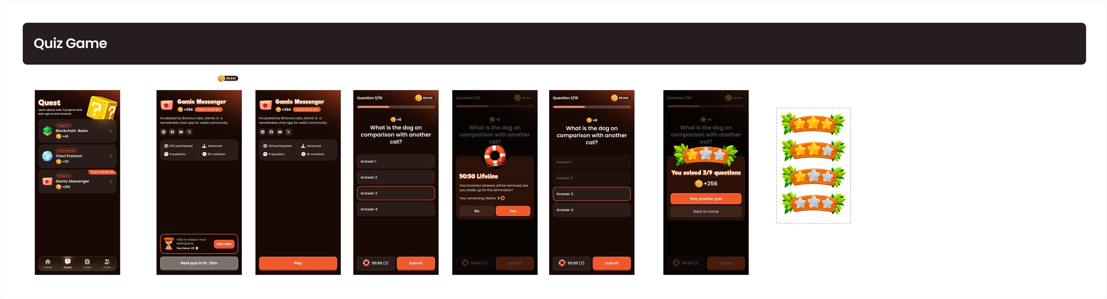 Trivio quiz game flow across multiple screens
