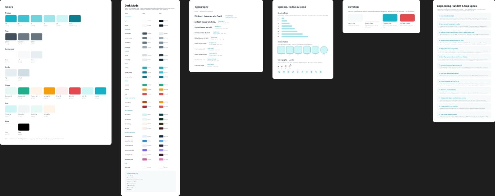 Foundations documentation frames: colors, typography, spacing, elevation and dark mode