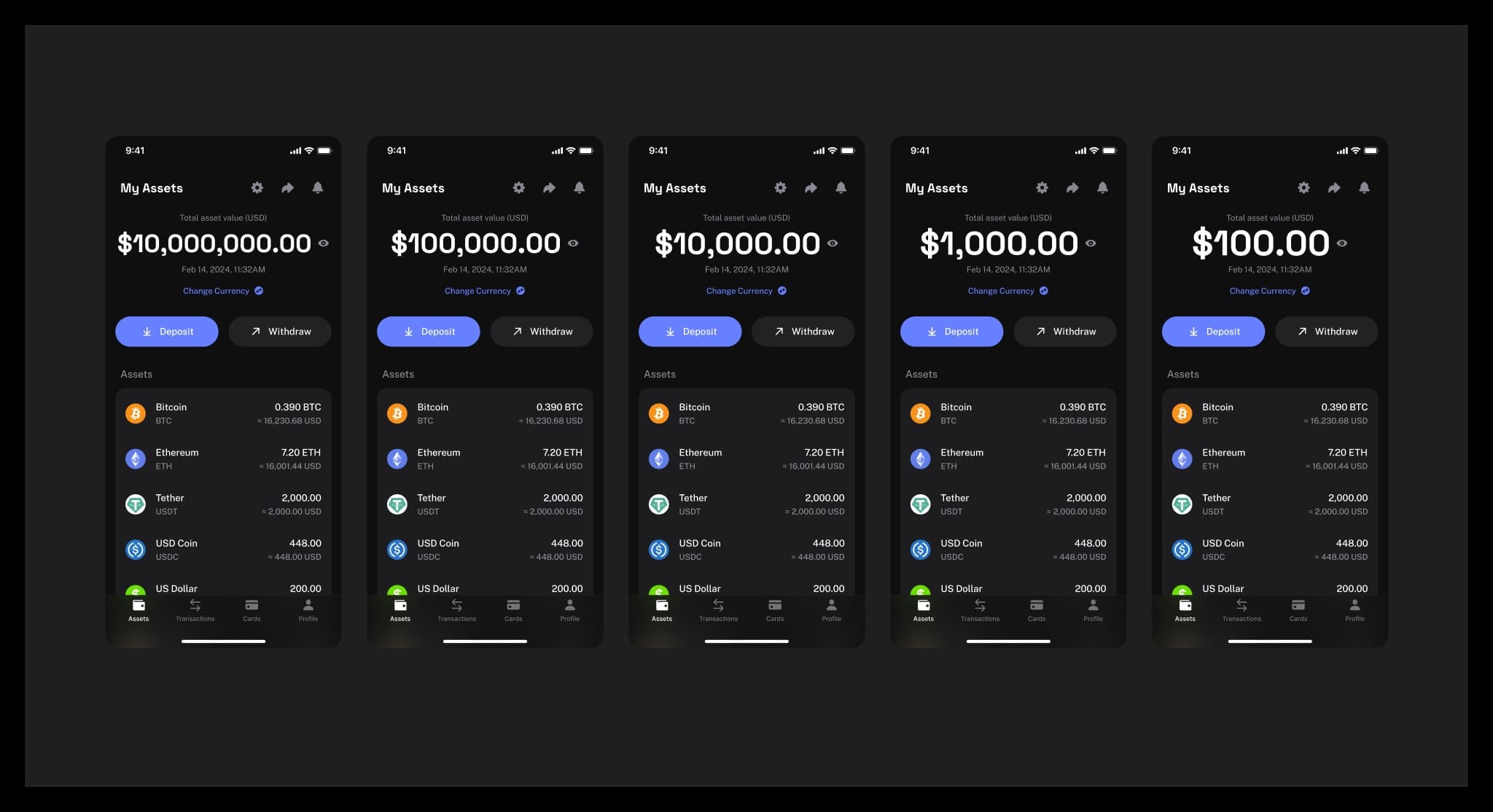 Balance view board — the same wallet screen tested from ten million dollars down to one hundred