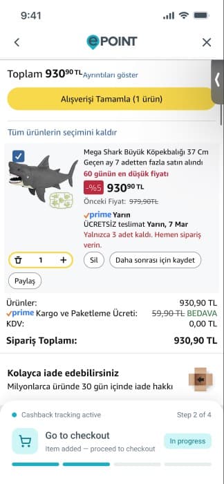 Amazon in-app shopping step with cashback tracking bar