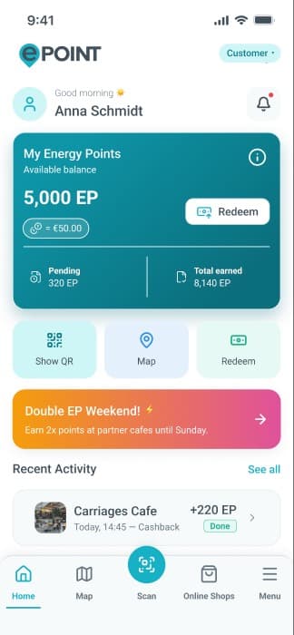 Customer home screen in the teal v2 system