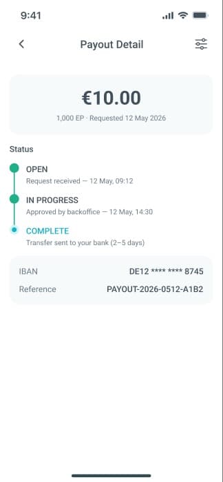 Payout detail screen with status timeline