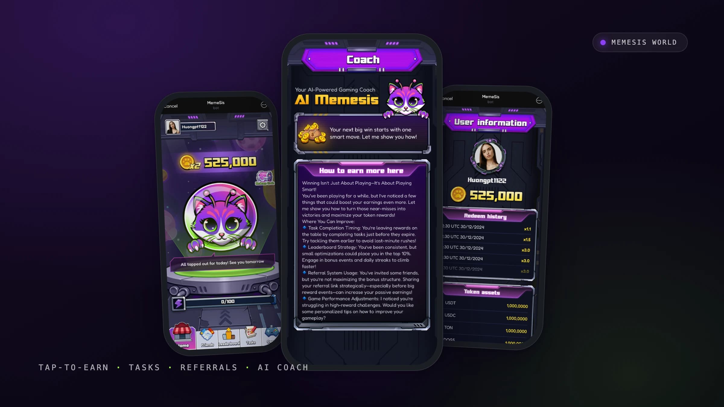 Memesis World — the AI coach and tap-to-earn screens staged as a hero scene
