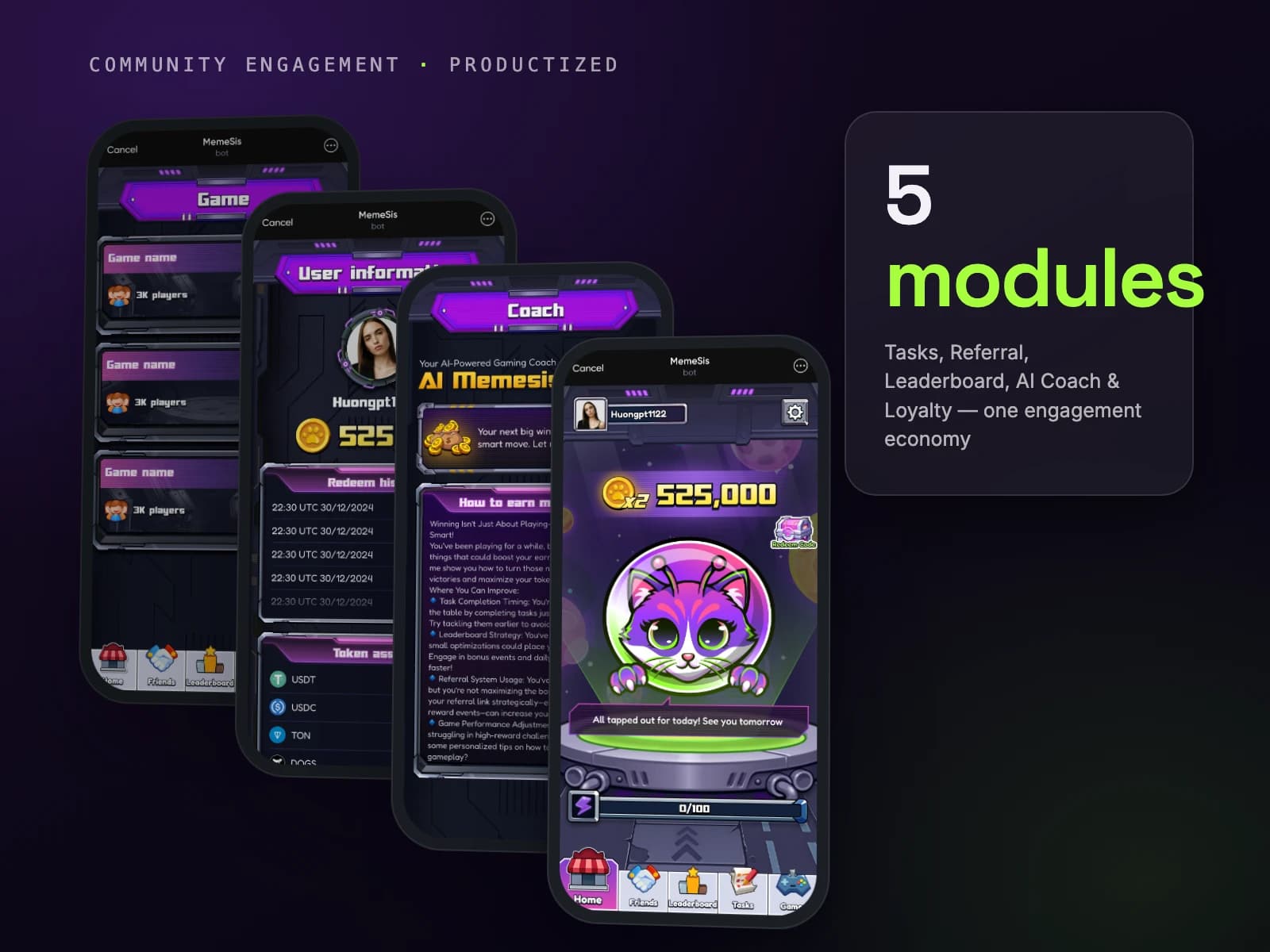 Cascading Memesis World screens — game, user info, AI coach and tap-to-earn — with a five-modules chip