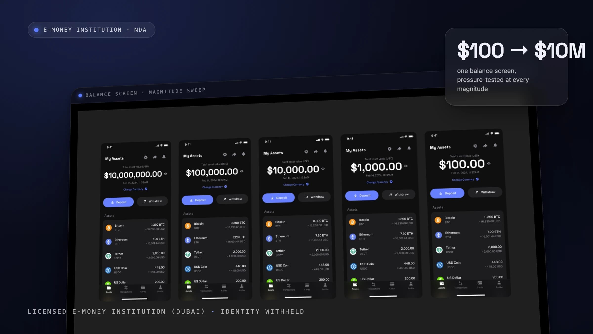 A licensed e-money institution's balance screen, pressure-tested across magnitudes — identity withheld