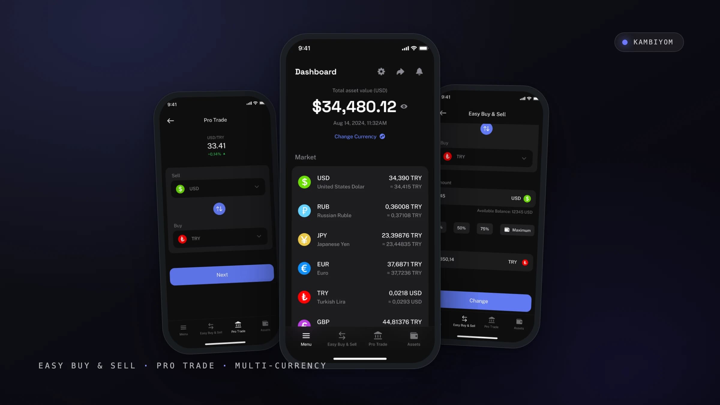 Kambiyom — Pro Trade, dashboard and Easy Buy & Sell screens staged as a hero scene